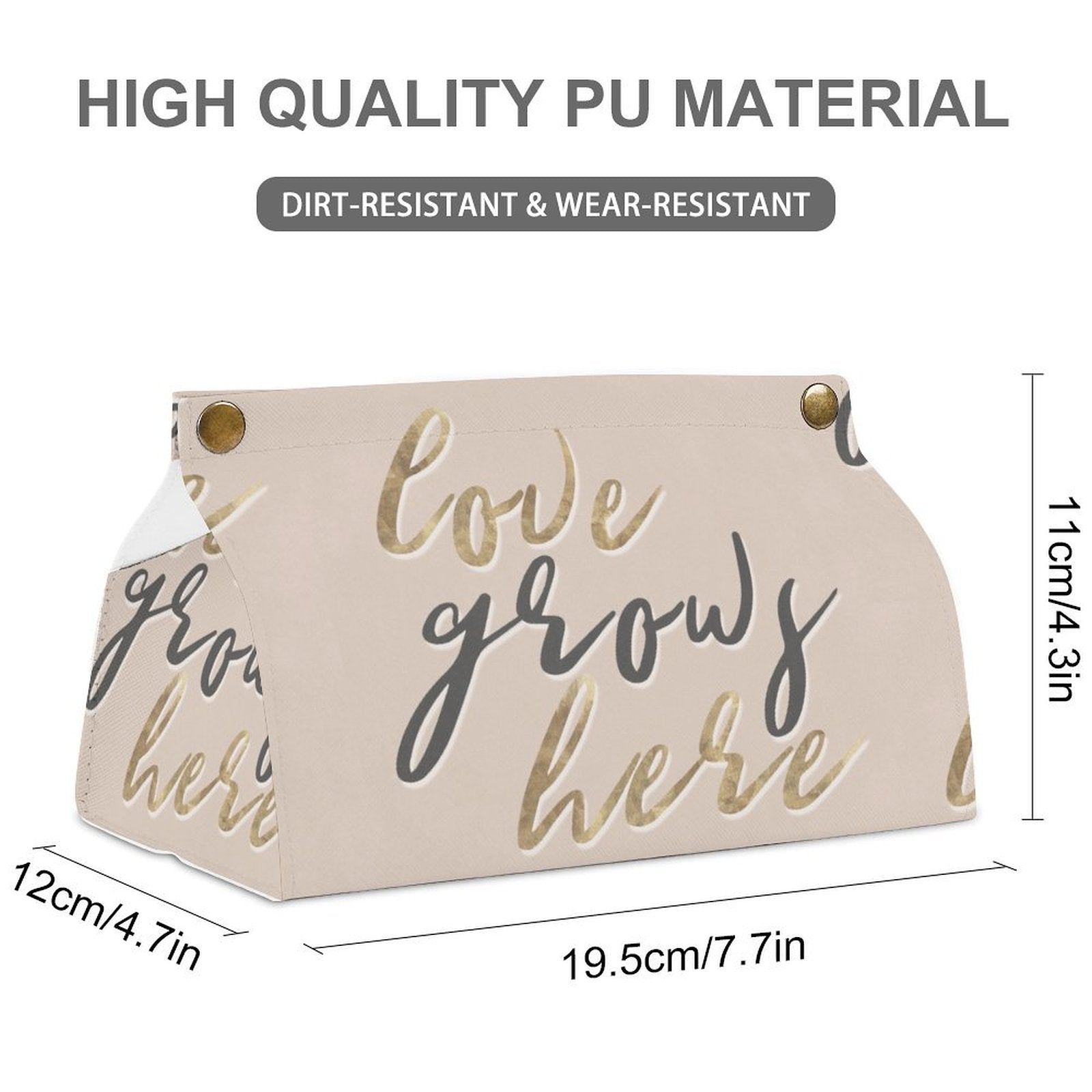 Beige PU tissue box cover with 'Love Grows Here' design, dirt and wear resistant, ideal for home or office decor.