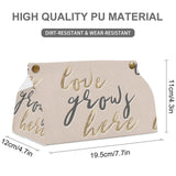 Beige PU tissue box cover with 'Love Grows Here' design, dirt and wear resistant, ideal for home or office decor.