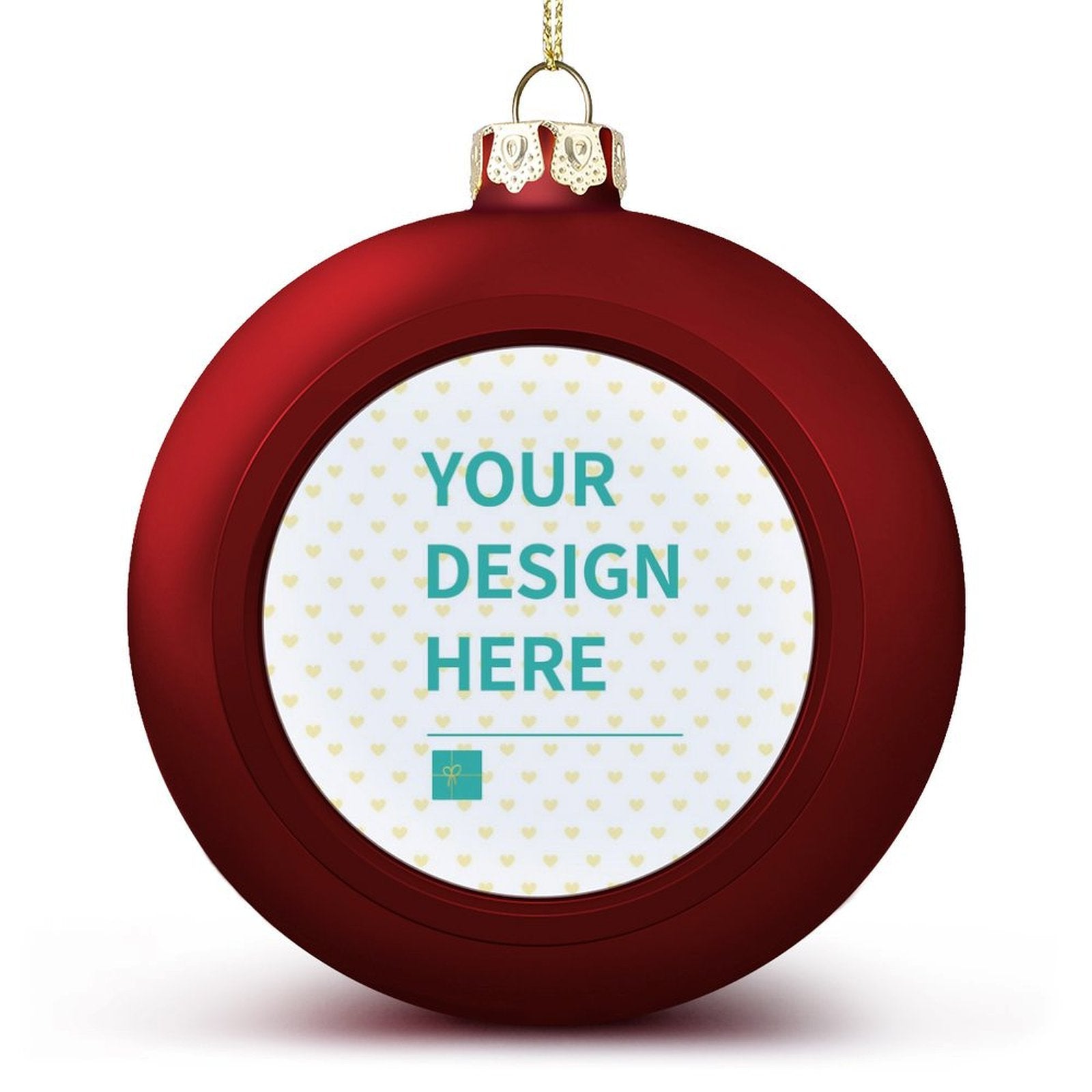 Personalized red Christmas ball ornament with 'YOUR DESIGN HERE' text, custom holiday decor.