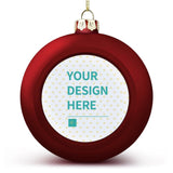 Personalized red Christmas ball ornament with 'YOUR DESIGN HERE' text, custom holiday decor.