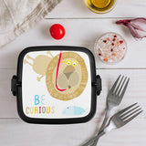 Double-layer kids' bento lunch box with lion design and BE CURIOUS text, perfect for school lunch.