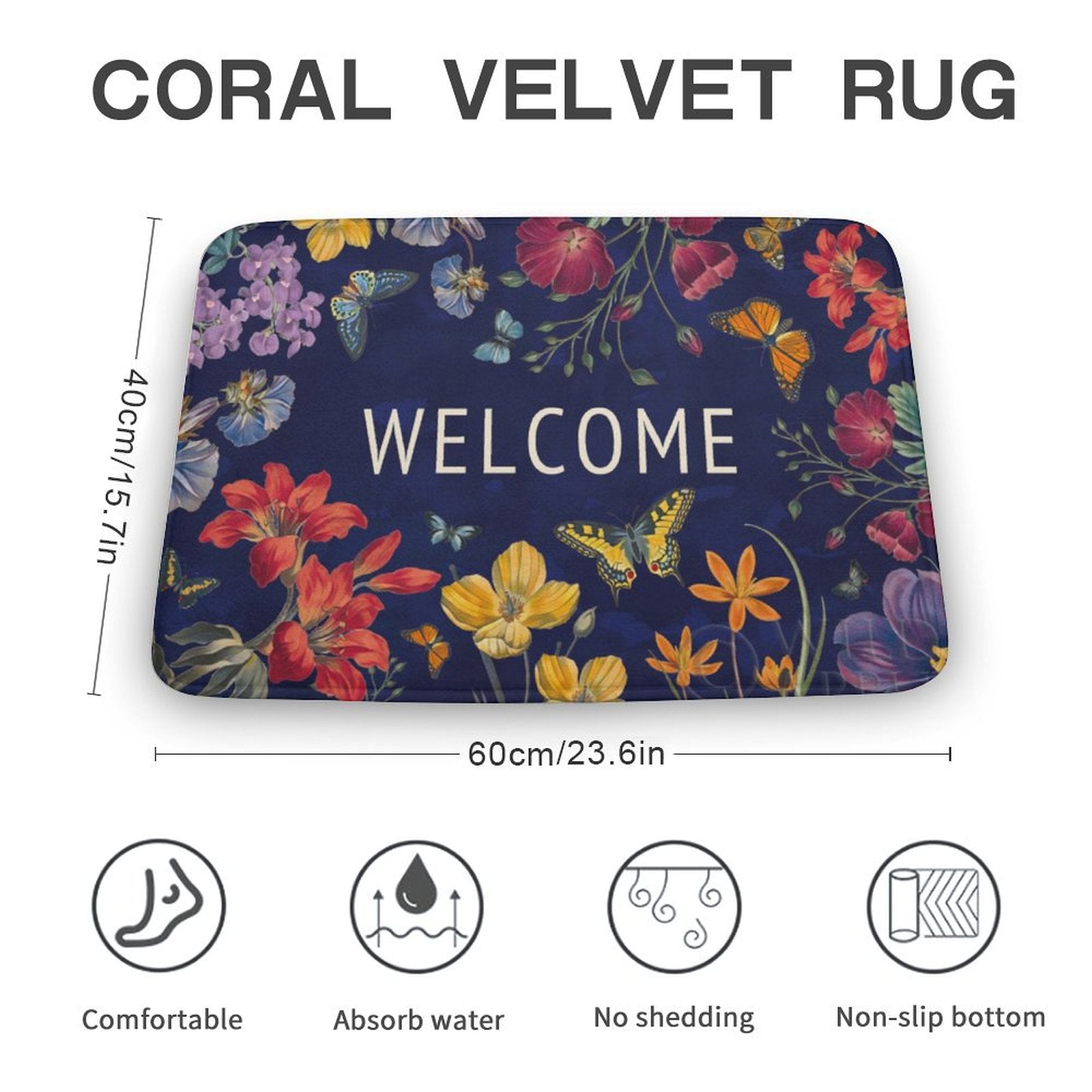 Coral velvet welcome rug with floral and butterfly patterns; bathroom, kitchen, or bedroom