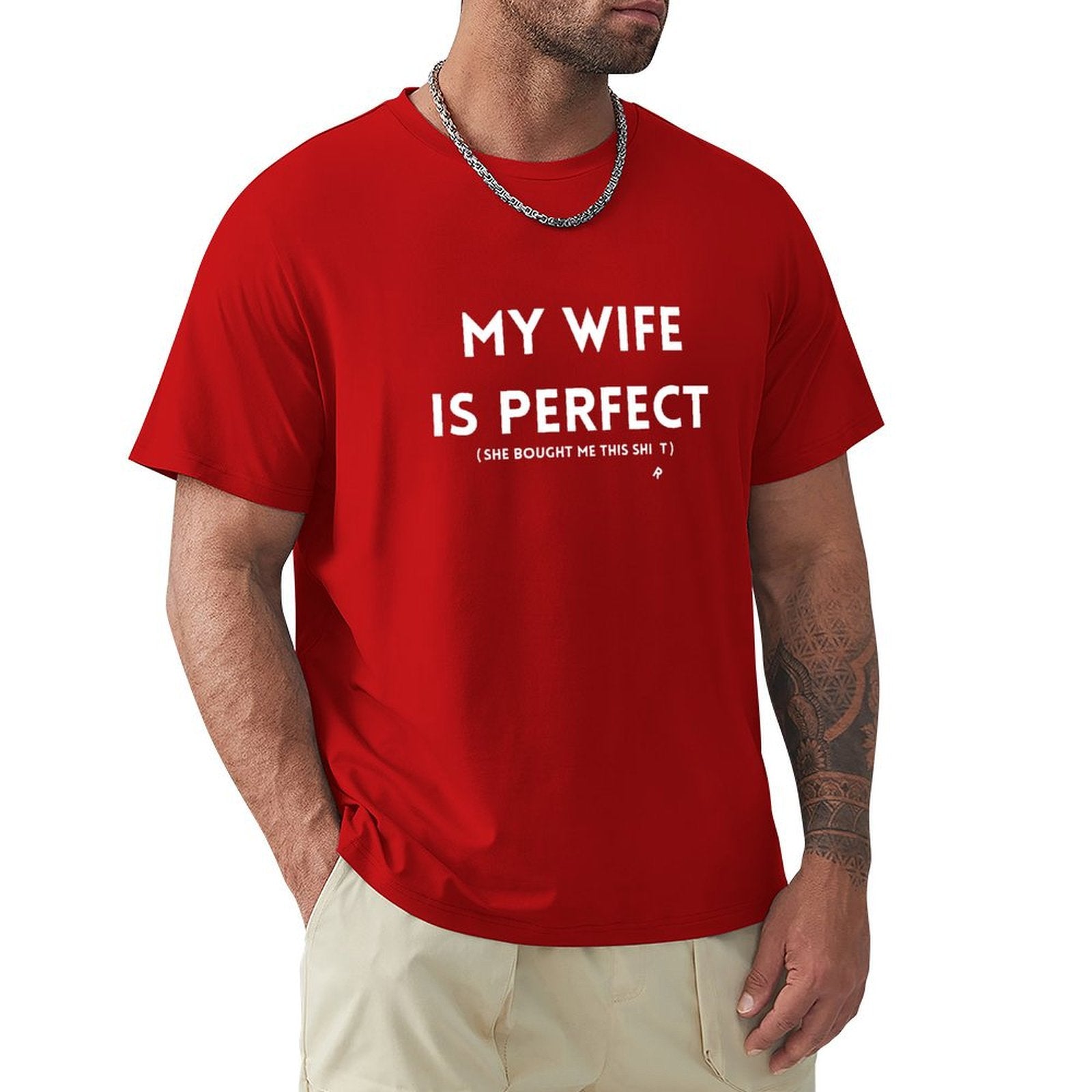 Red Men's T-shirt featuring 'MY WIFE IS PERFECT' print, a perfect gift idea for husband.
