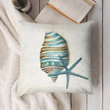 Short plush throw pillow cover with watercolor seashell and starfish, decorative for sofa and living room