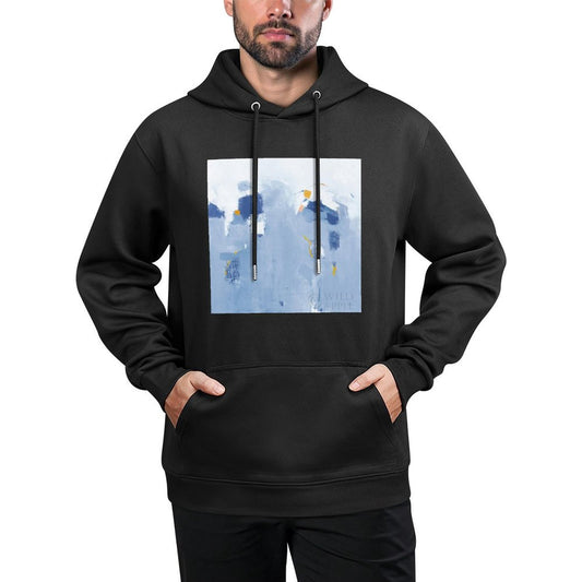 Men's black stick hooded sweatshirt with abstract art graphic, comfortable, USA made.