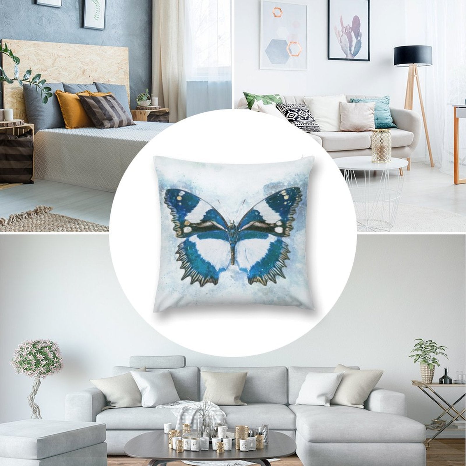 Plush throw pillow cover with a blue watercolor butterfly design, a decorative element for sofas or beds