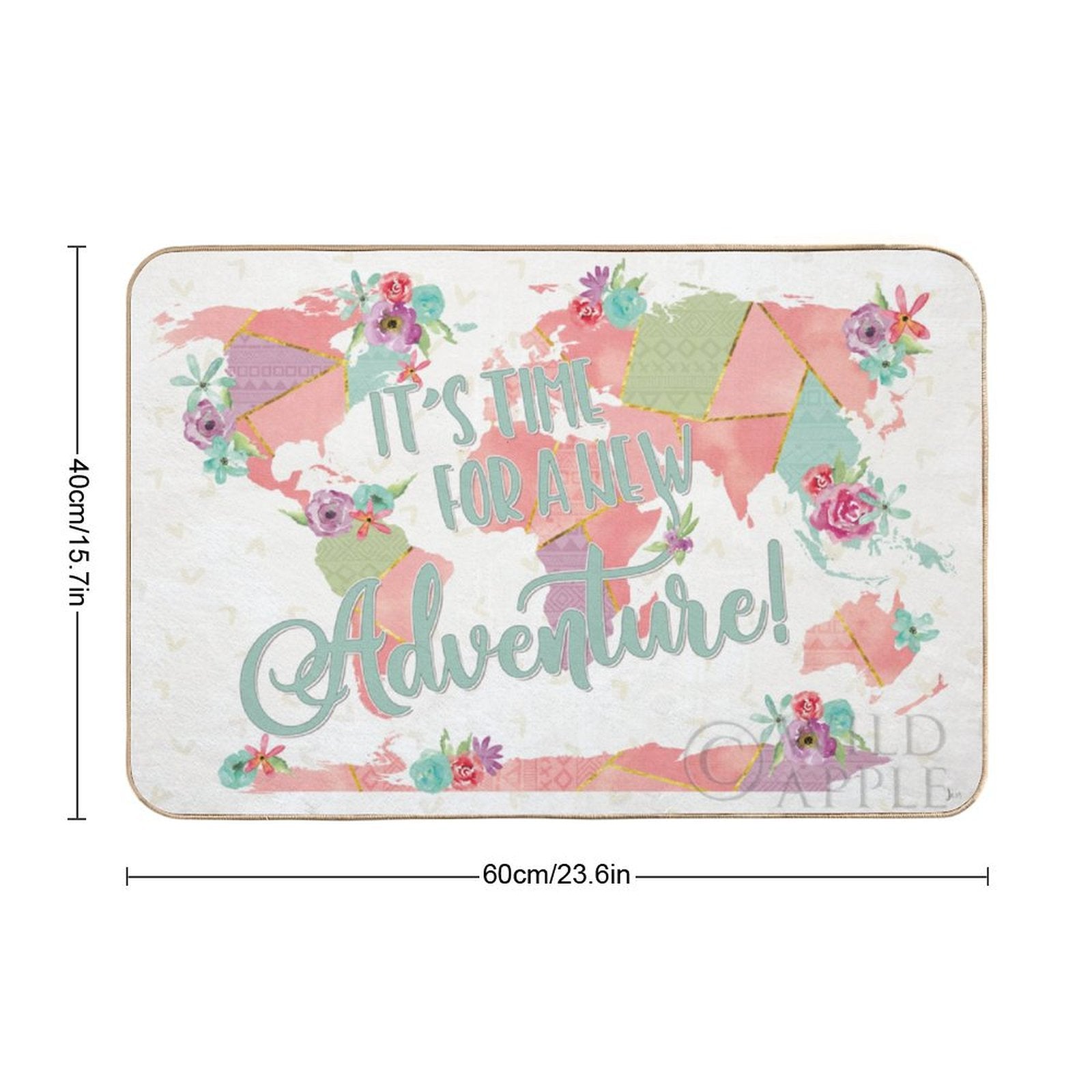 Custom floor mat with floral world map design and 'It's Time For a New Adventure!' text, perfect for bedroom or bathroom.