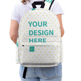Customizable Oxford cloth backpack for kids with heart pattern and 'YOUR DESIGN HERE'; MyArtsyGift bookbag.
