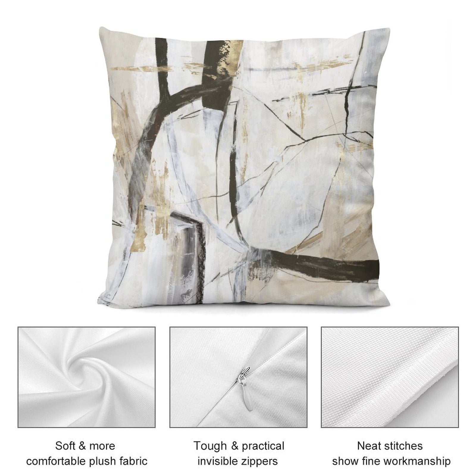 Abstract art plush pillow cover in neutral tones, soft and fluffy fabric, by MyArtsyGift.