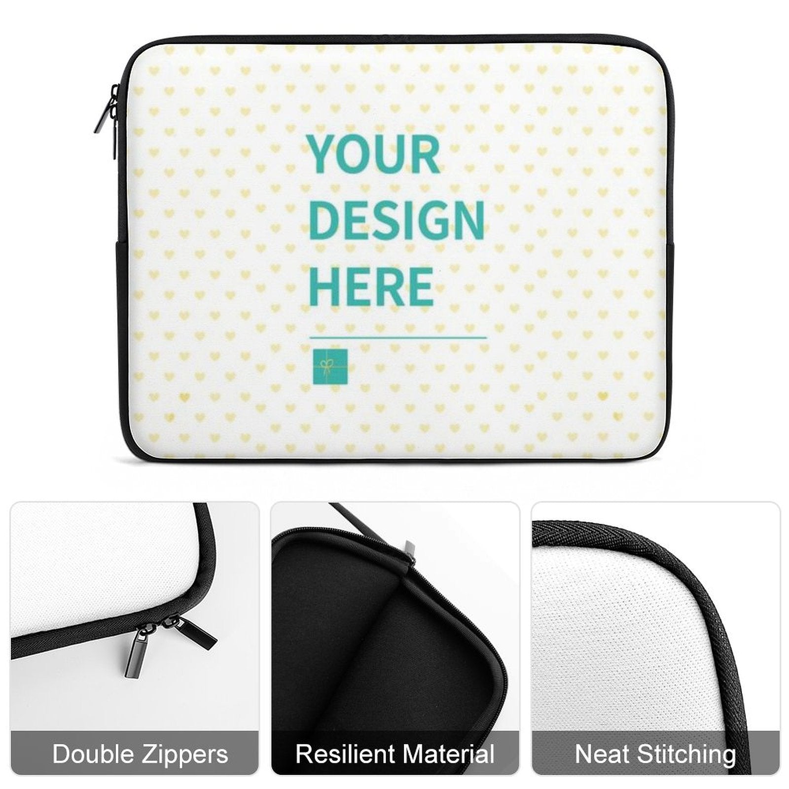 Custom laptop sleeve with customizable design and heart pattern, black trim, double zippers, and resilient material.