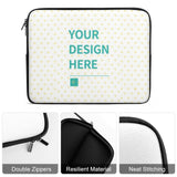 Custom laptop sleeve with customizable design and heart pattern, black trim, double zippers, and resilient material.