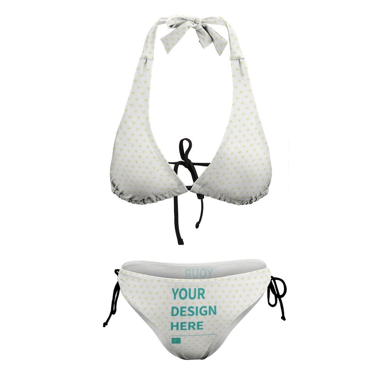 Customizable white bikini set with heart pattern and YOUR DESIGN HERE design for women. Sexy swimsuit for women.