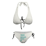 Customizable white bikini set with heart pattern and YOUR DESIGN HERE design for women. Sexy swimsuit for women.