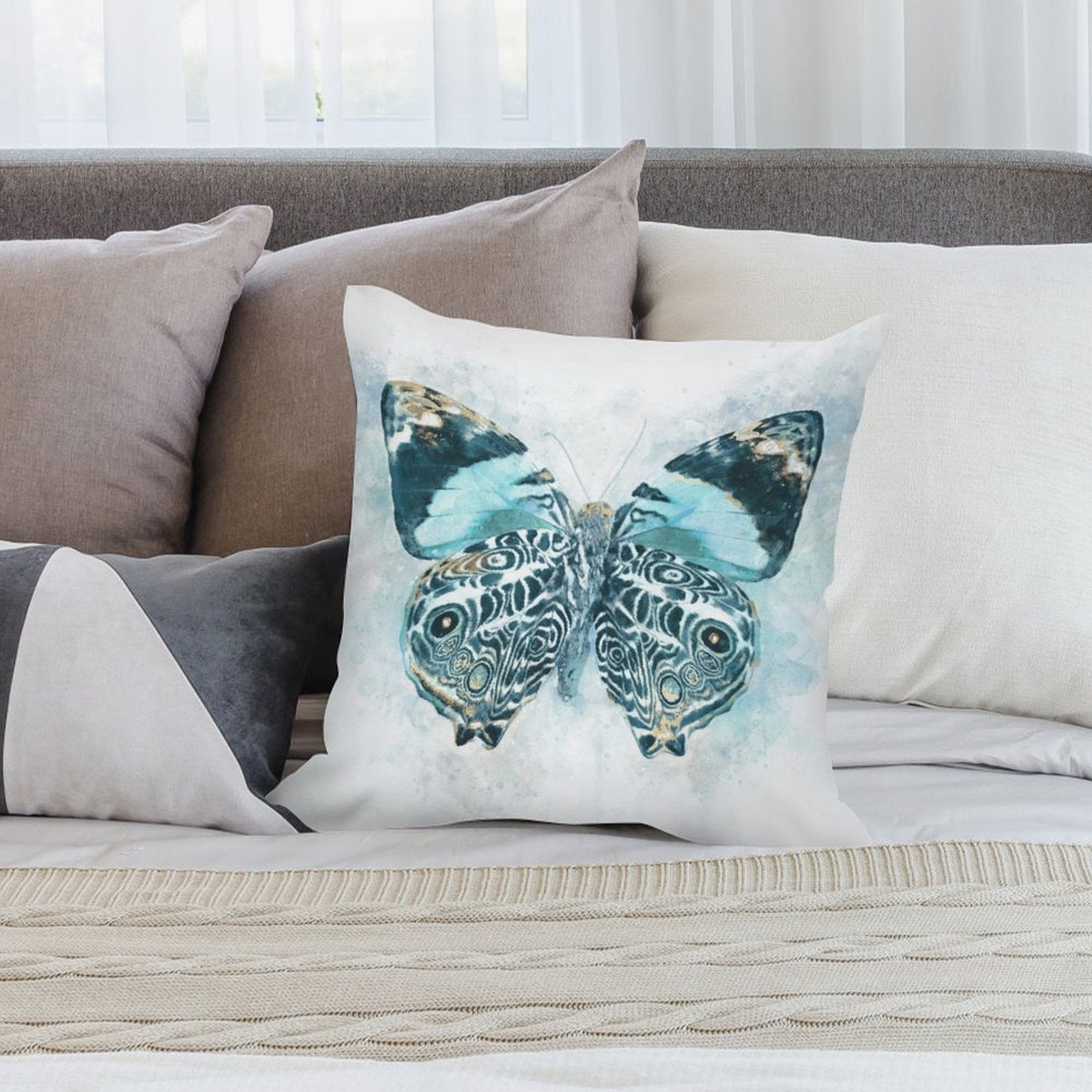 Blue butterfly plush pillow cover on a bed, perfect for sofa and living room decor, soft and comfortable