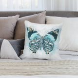 Butterfly design plush pillow cover for sofa or couch. Soft, fluffy, and decorative, in blue and gold.