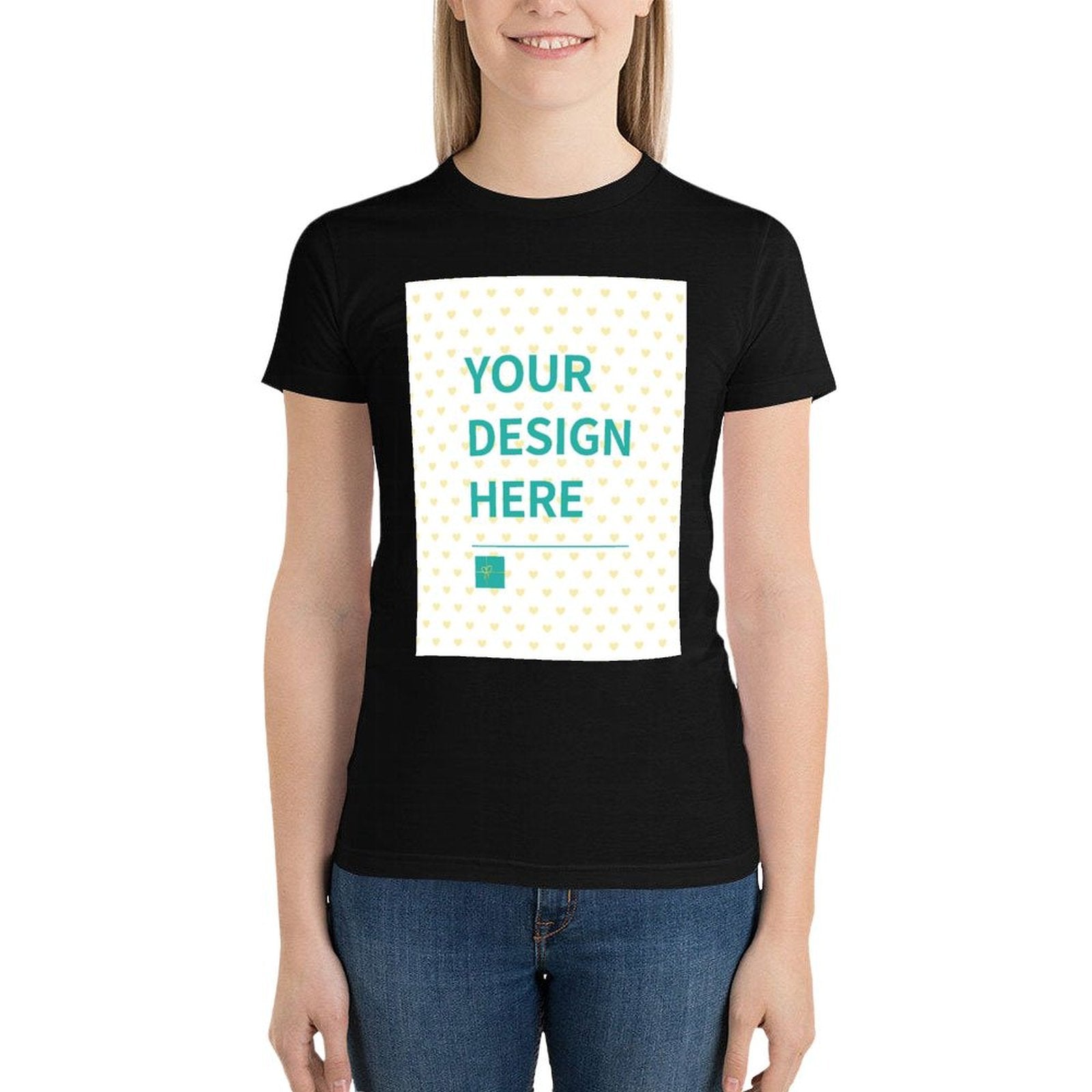 Custom Women's Black Summer T-Shirt with 'YOUR DESIGN HERE' design, round neck, MyArtsyGift