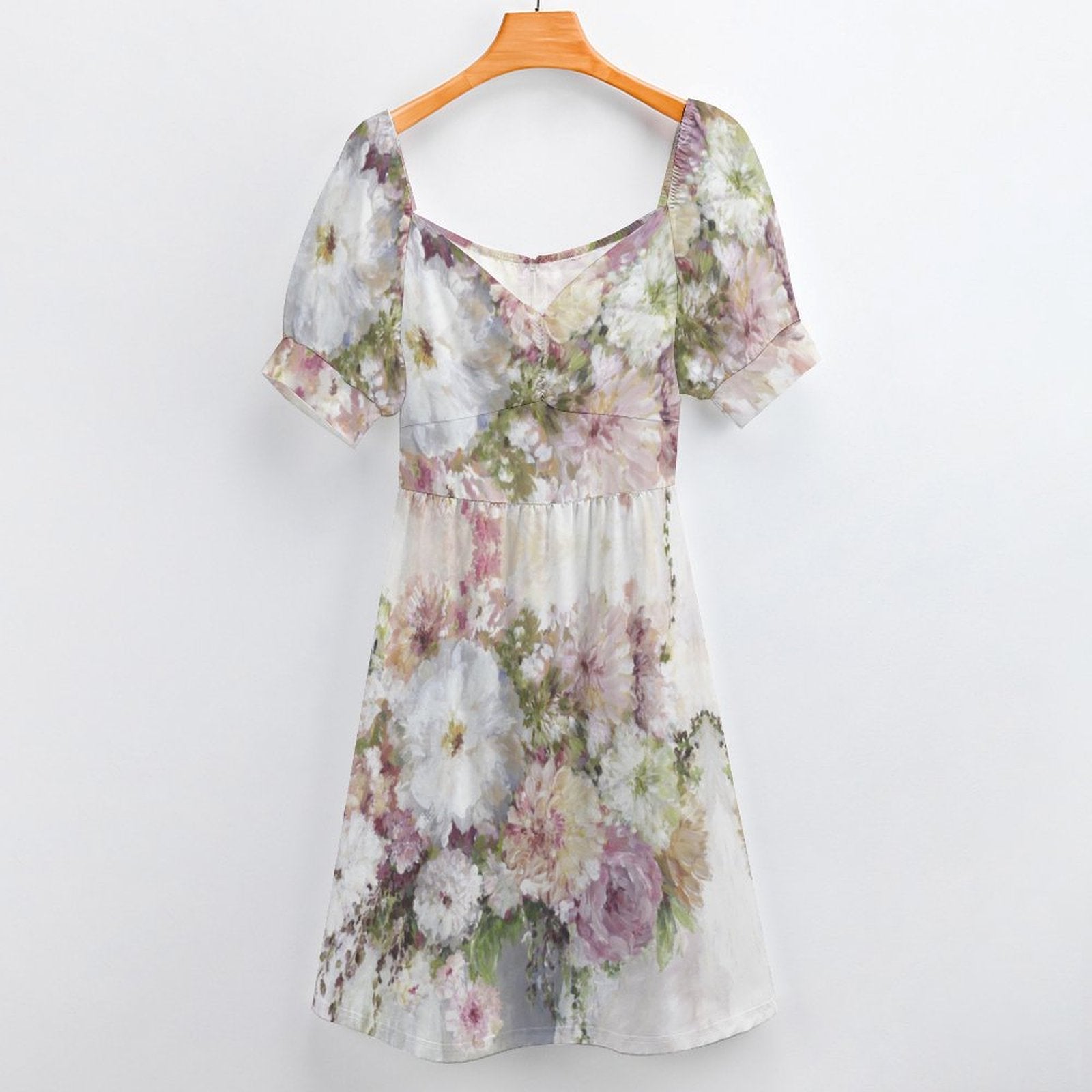 Floral print women's summer dress with short sleeves. Polyester mini dress for casual wear.