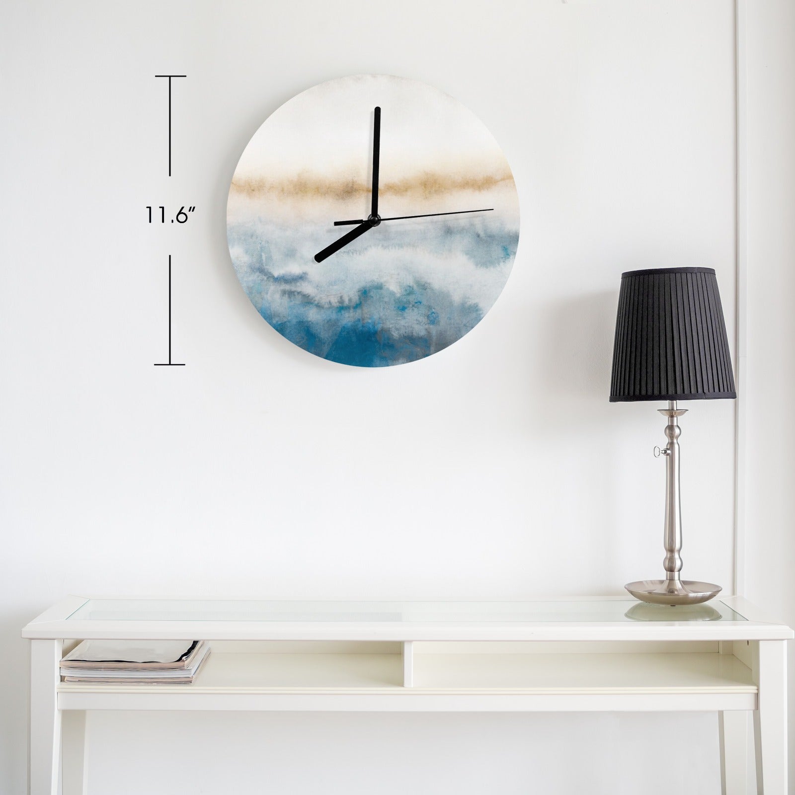 Modern blue watercolor MDF wall clock, 11.6 inches, perfect for living room, kitchen, or office decor