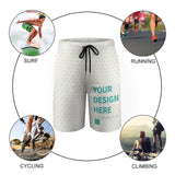 Customizable kids swim trunks with 'YOUR DESIGN HERE', perfect for various activities such as surfing, running, and climbing