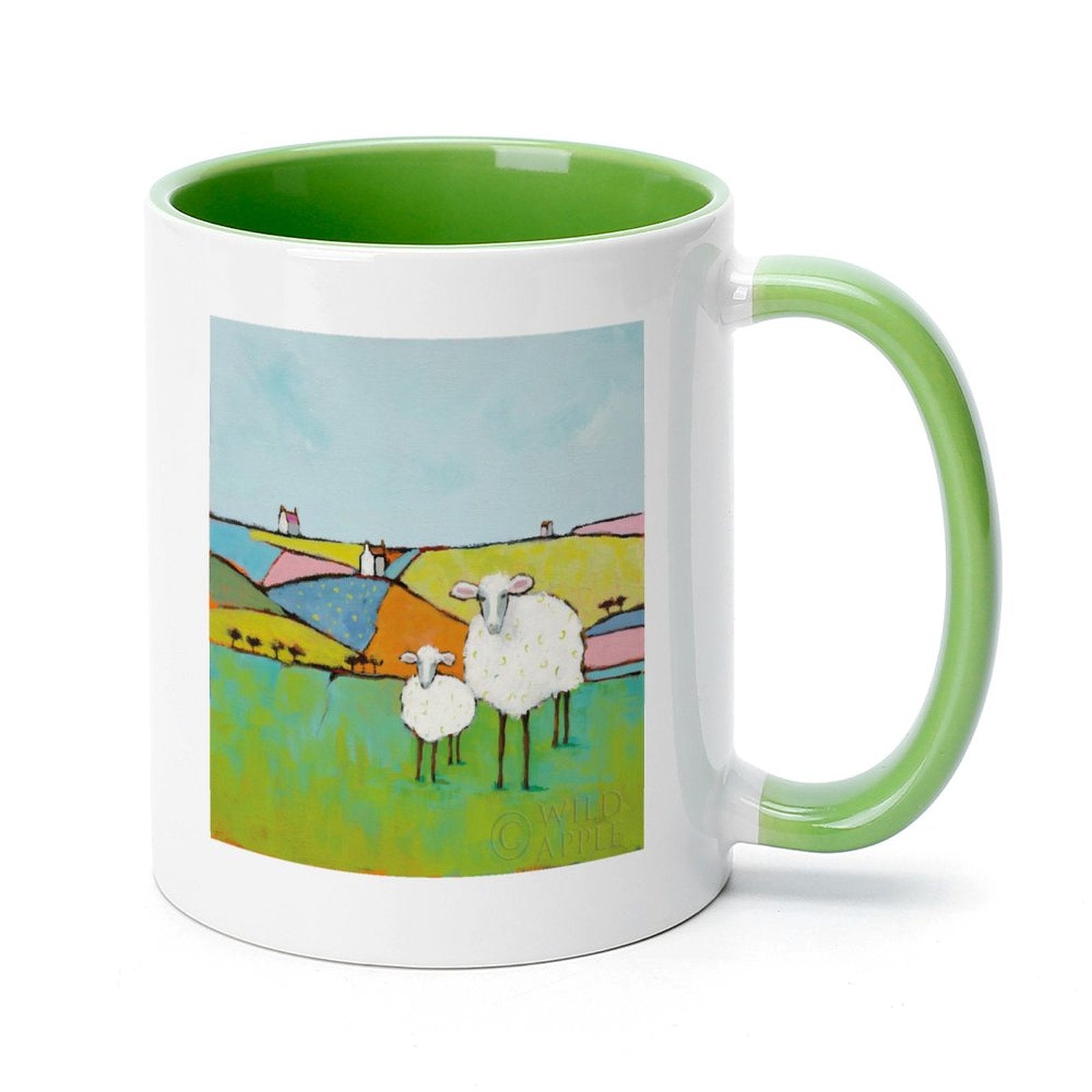 White ceramic sheep mug with green handle and interior, a unique Wild Apple design, perfect gift.