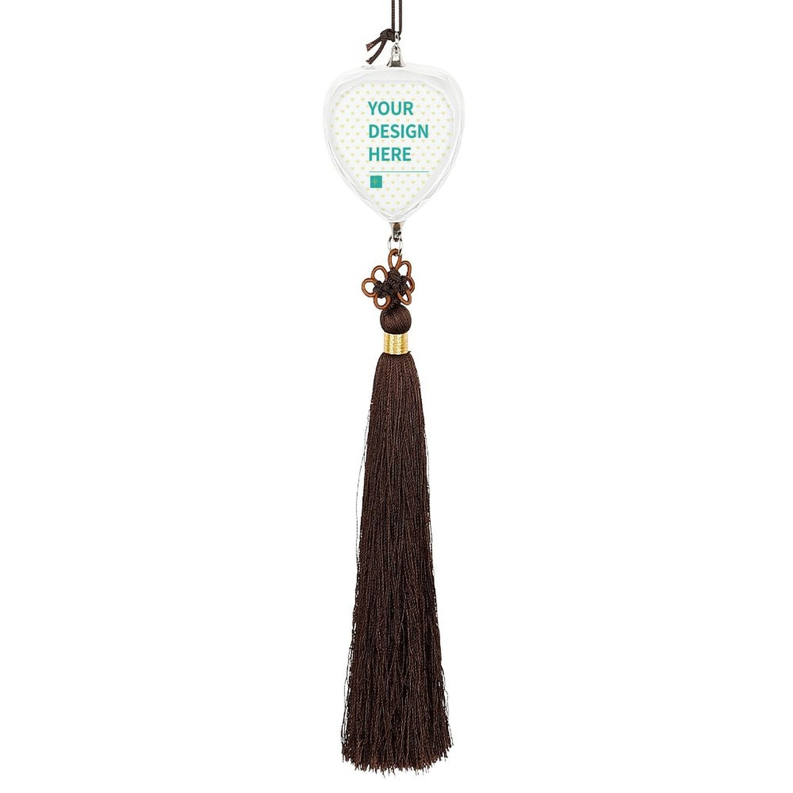 Customizable glass car pendant with a heart shape, featuring "YOUR DESIGN HERE" and brown tassel.