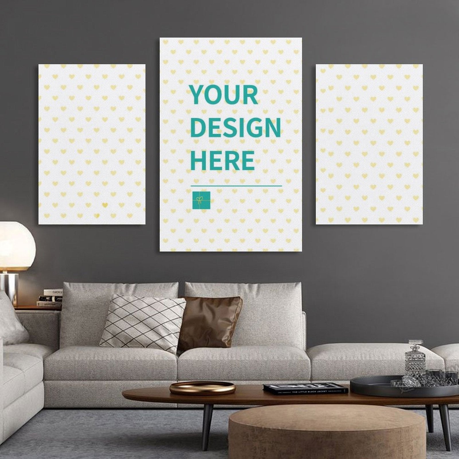 Personalized 3-Panel Canvas Prints with 'Your Design Here' text, perfect custom wall art for living room decor.