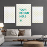Personalized 3-Panel Canvas Prints with 'Your Design Here' text, perfect custom wall art for living room decor.