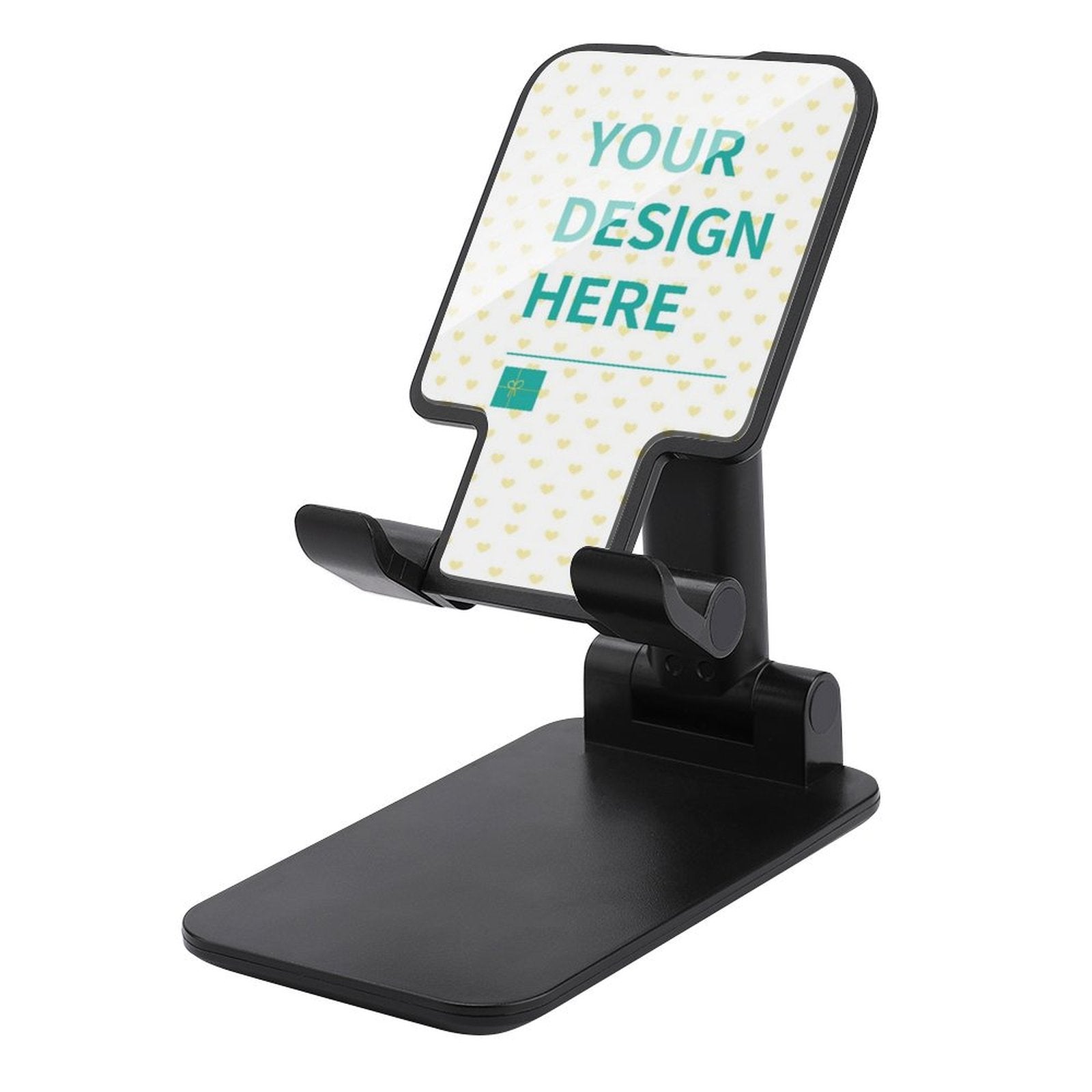 Customizable black foldable cell phone and tablet holder with 'YOUR DESIGN HERE' text
