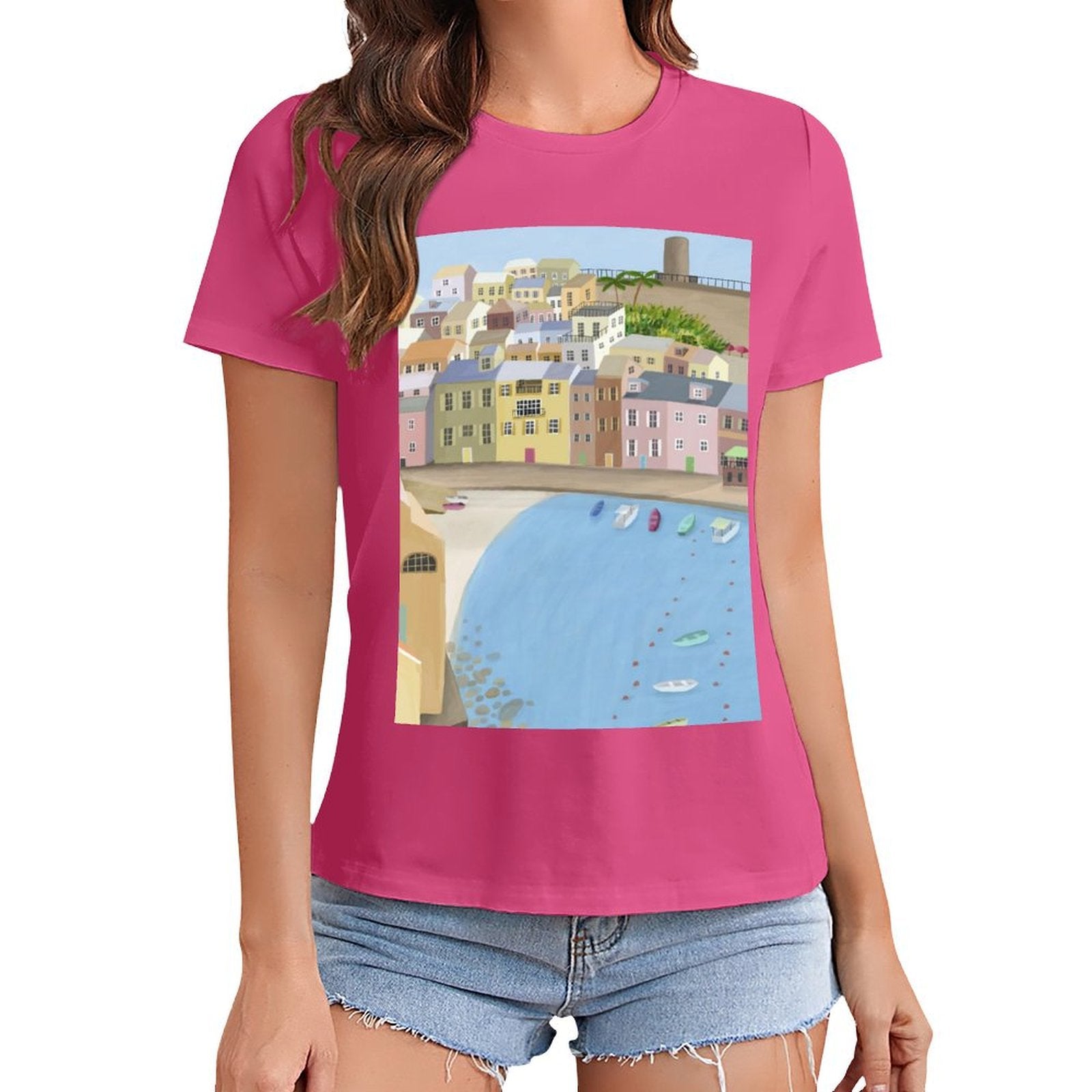 Pink women's t-shirt with a coastal town graphic print, perfect for art lovers from MyArtsyGift.