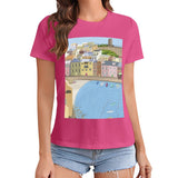 Pink women's t-shirt with a coastal town graphic print, perfect for art lovers from MyArtsyGift.