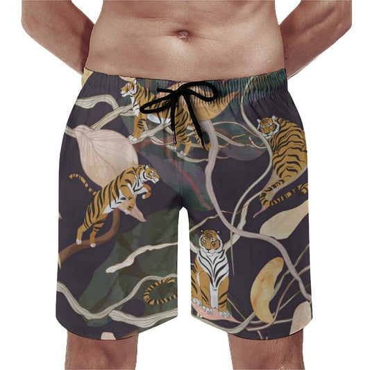 Men's tiger print swim trunks, quick-dry beach shorts, featuring an elastic drawstring waistband. Comfortable and stylish.