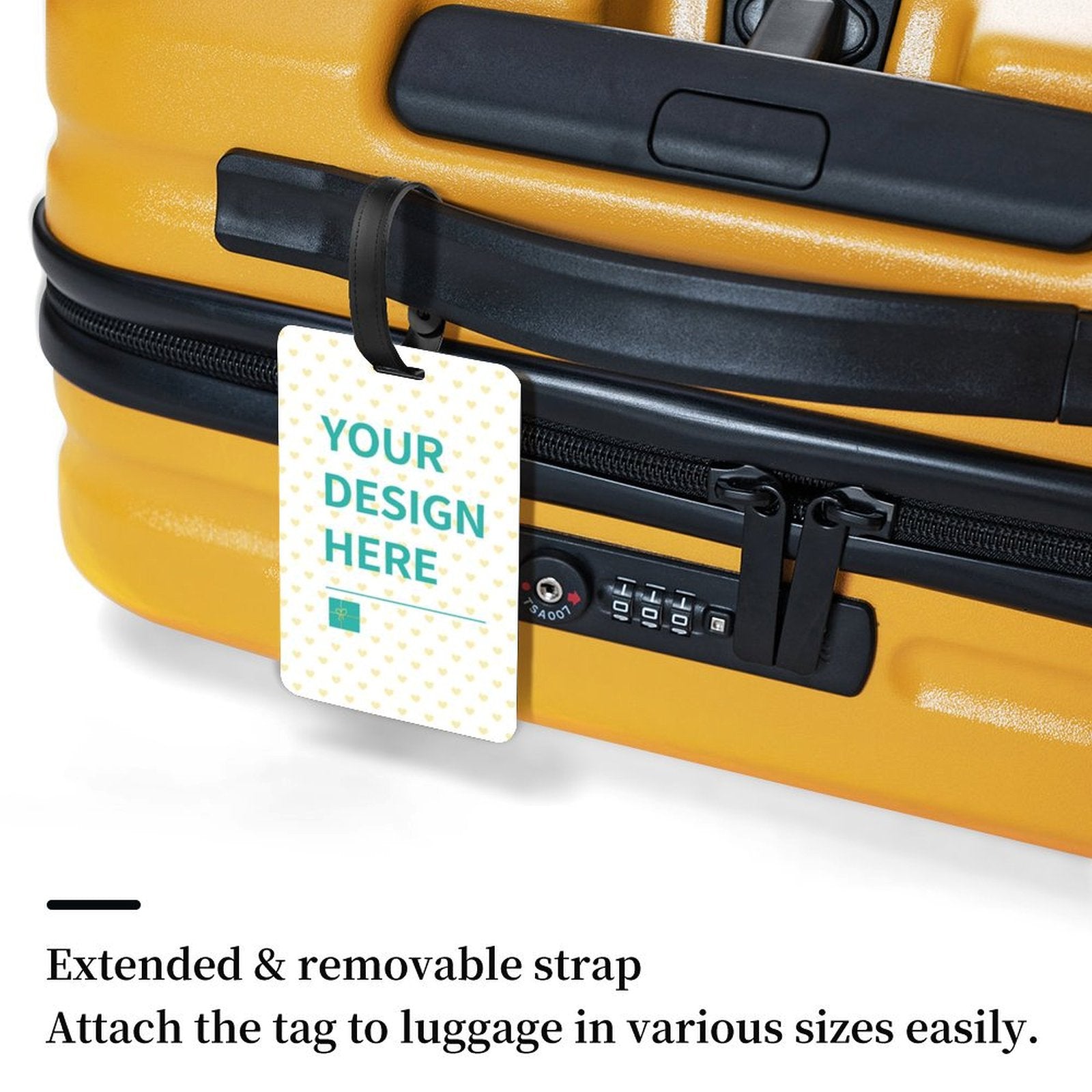 Personalized luggage tag with custom design option, black strap, and yellow suitcase. Great for travel.
