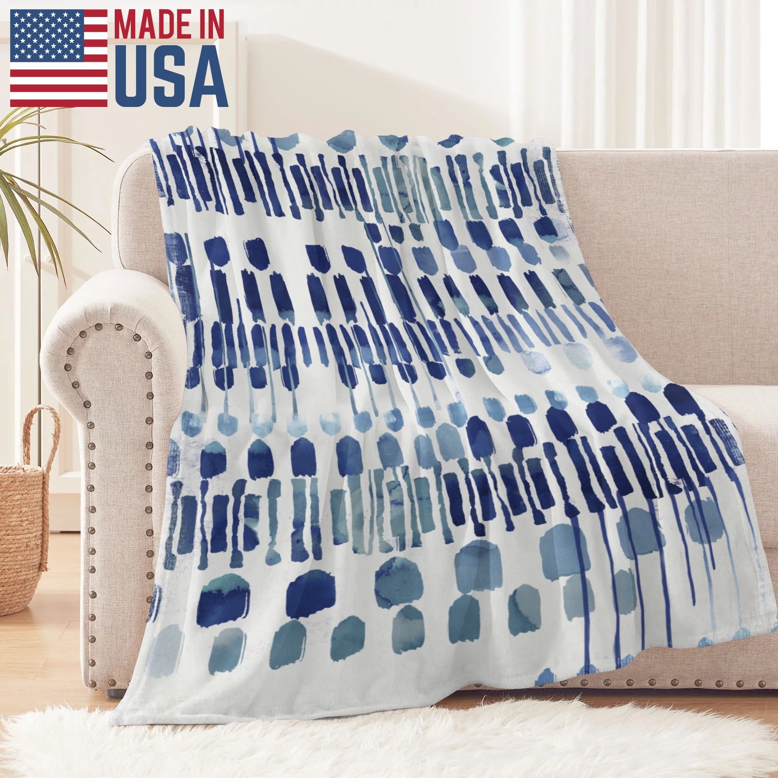 Modern blue abstract flannel blanket for sofa made in USA, cozy design