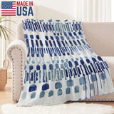 Modern blue abstract flannel blanket for sofa made in USA, cozy design
