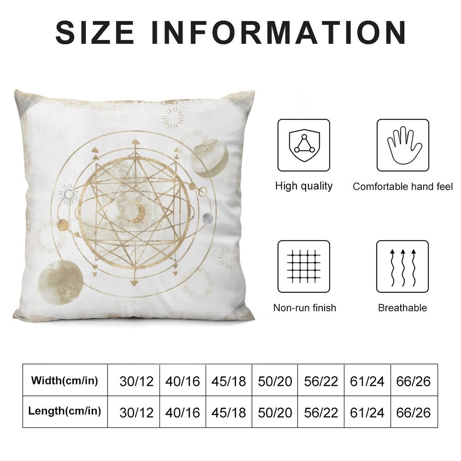 Soft plush throw pillow cover with gold celestial design, and size information. Ideal for sofa, couch or living room decor.