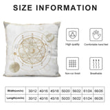 Soft plush throw pillow cover with gold celestial design, and size information. Ideal for sofa, couch or living room decor.