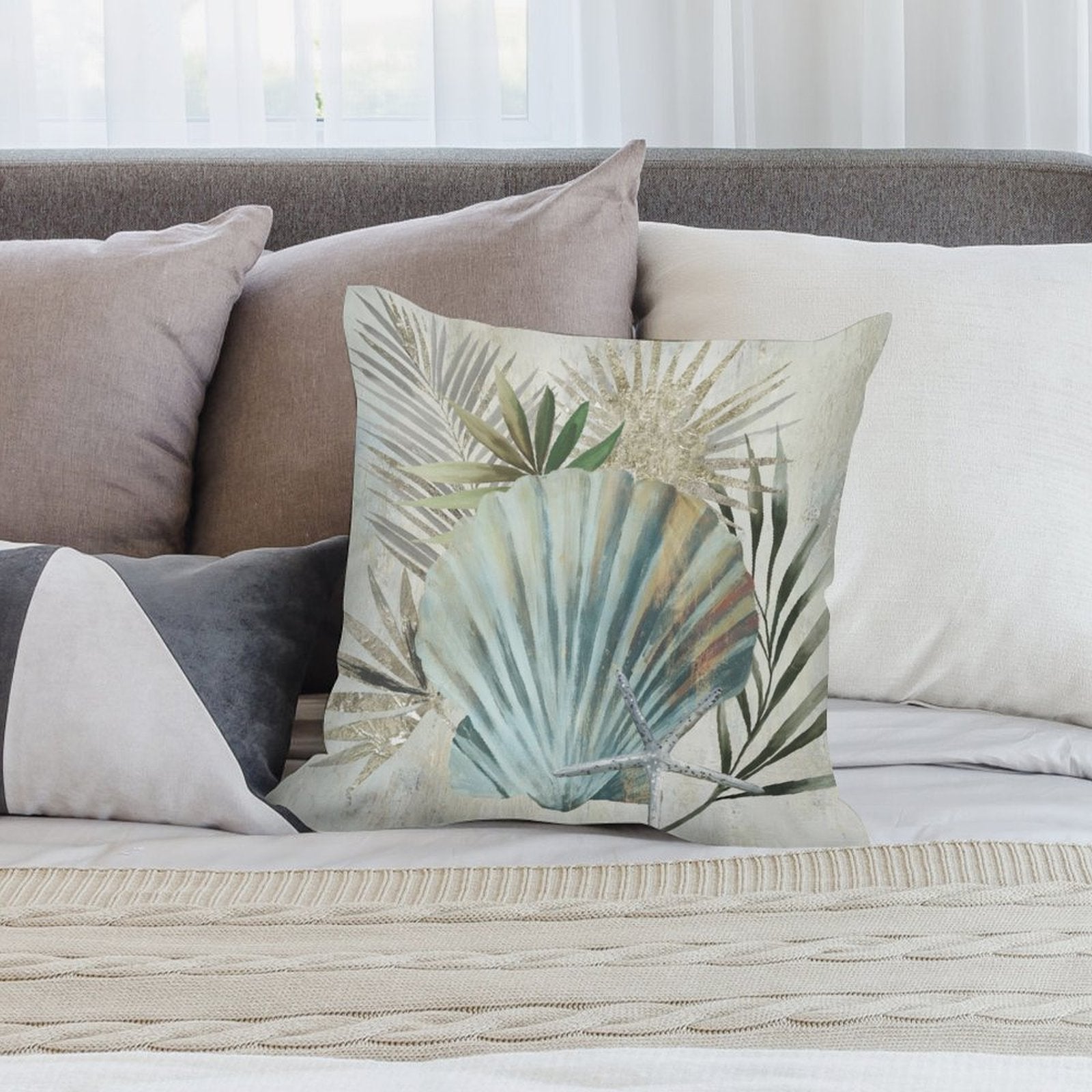Seashell design plush throw pillow cover, coastal decor for sofa or couch. Soft, fluffy and luxury home decor