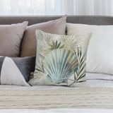 Seashell & palm leaf plush pillow cover. Soft, decorative pillow for sofa and bedroom decor.