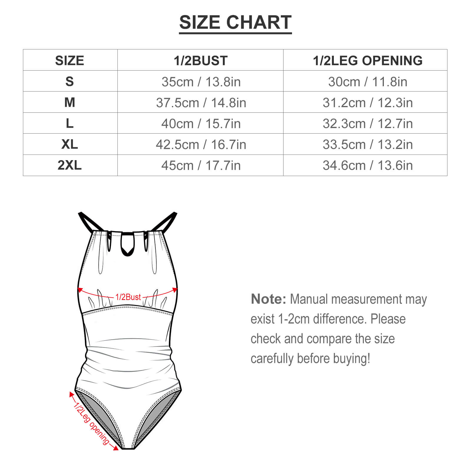 Size chart for MyArtsyGift personalized one-piece swimsuit, including bust and leg measurements in cm and inches.