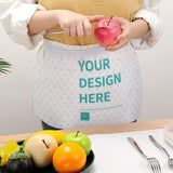 Customizable chef apron with "YOUR DESIGN HERE" and white Oxford cloth for men and women with pockets.