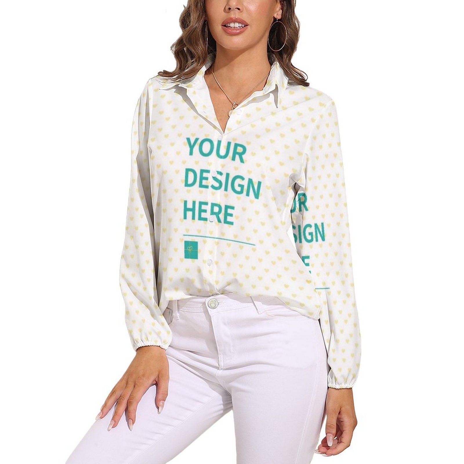 Customizable women's vintage long sleeve top with heart print and 'YOUR DESIGN HERE'.