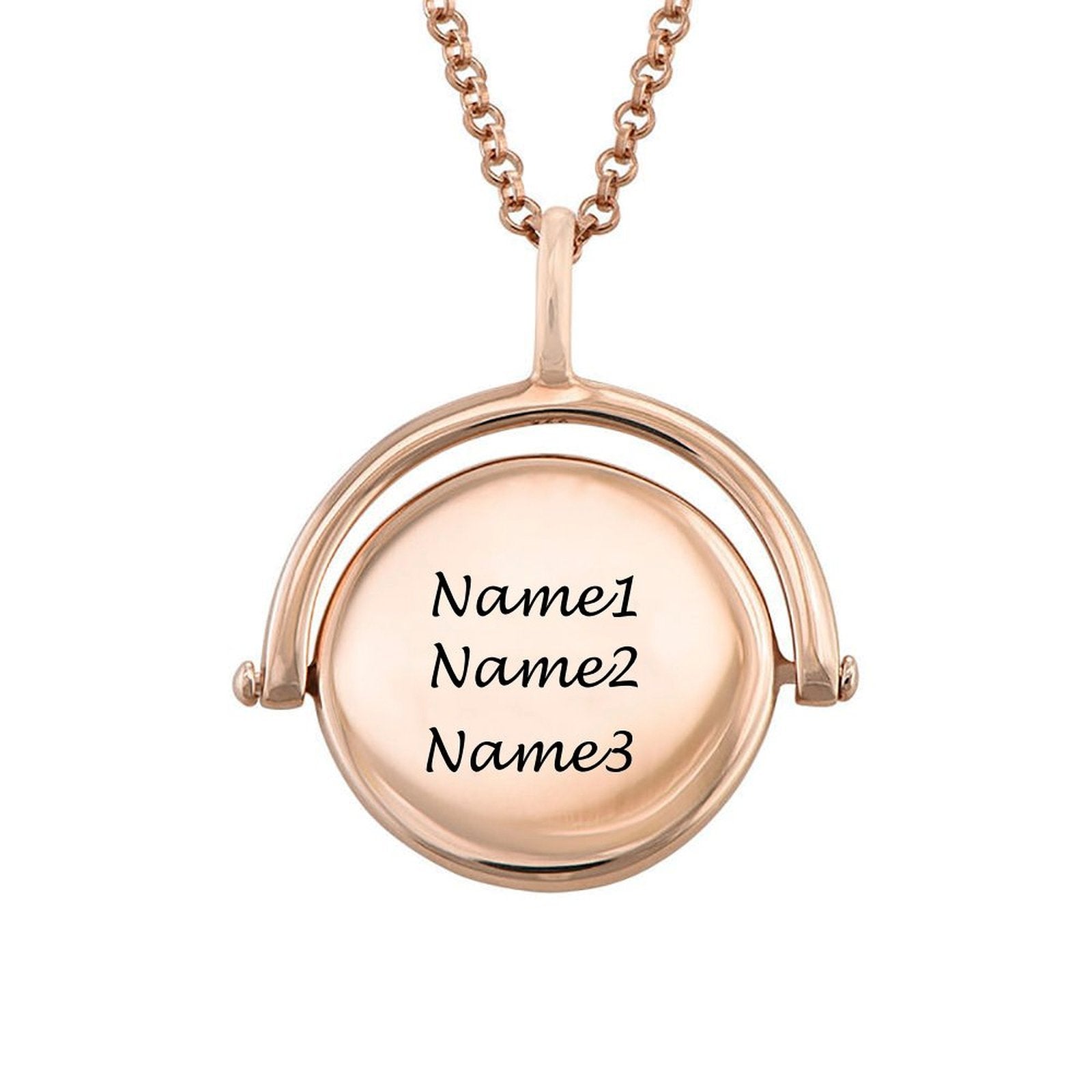 Personalized rose gold rotary carving necklace with engraved names, custom jewelry gift for women