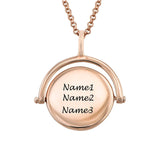 Personalized rose gold rotary carving necklace with engraved names, custom jewelry gift for women