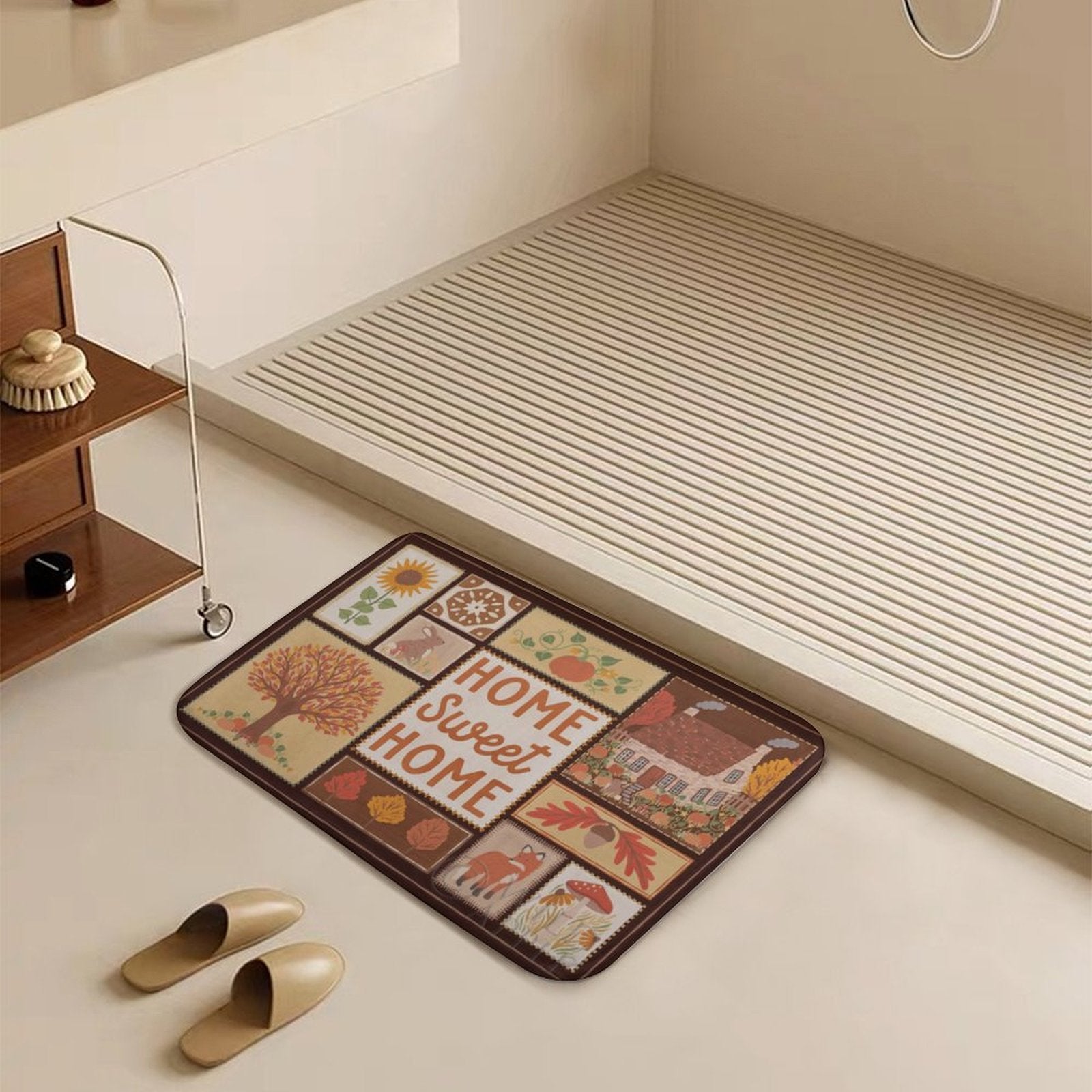 Coral velvet bath rug with 'HOME Sweet HOME' and autumn design, non-slip