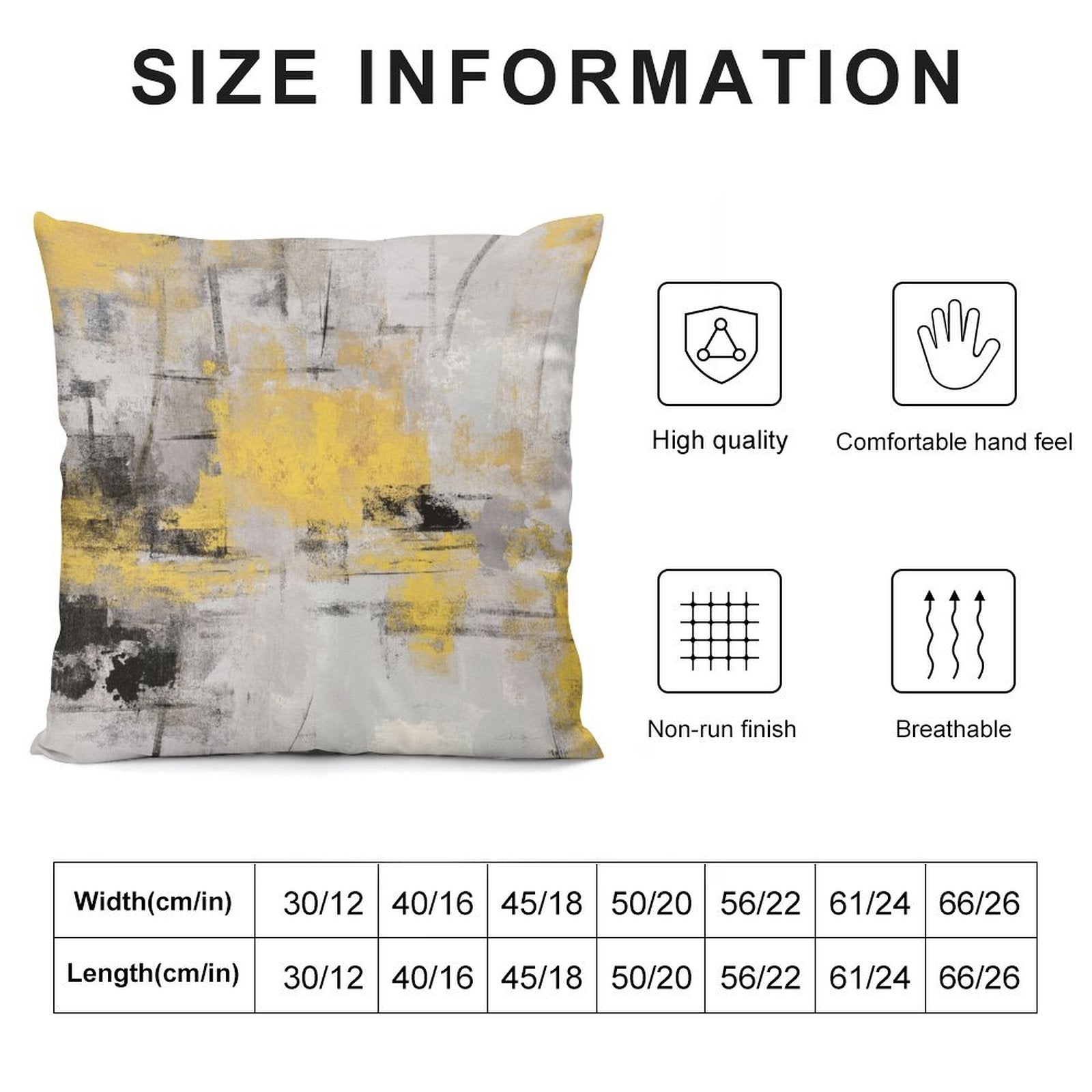 Abstract art pillow cover in yellow, gray, and black. Soft, breathable, for sofa, with size info.