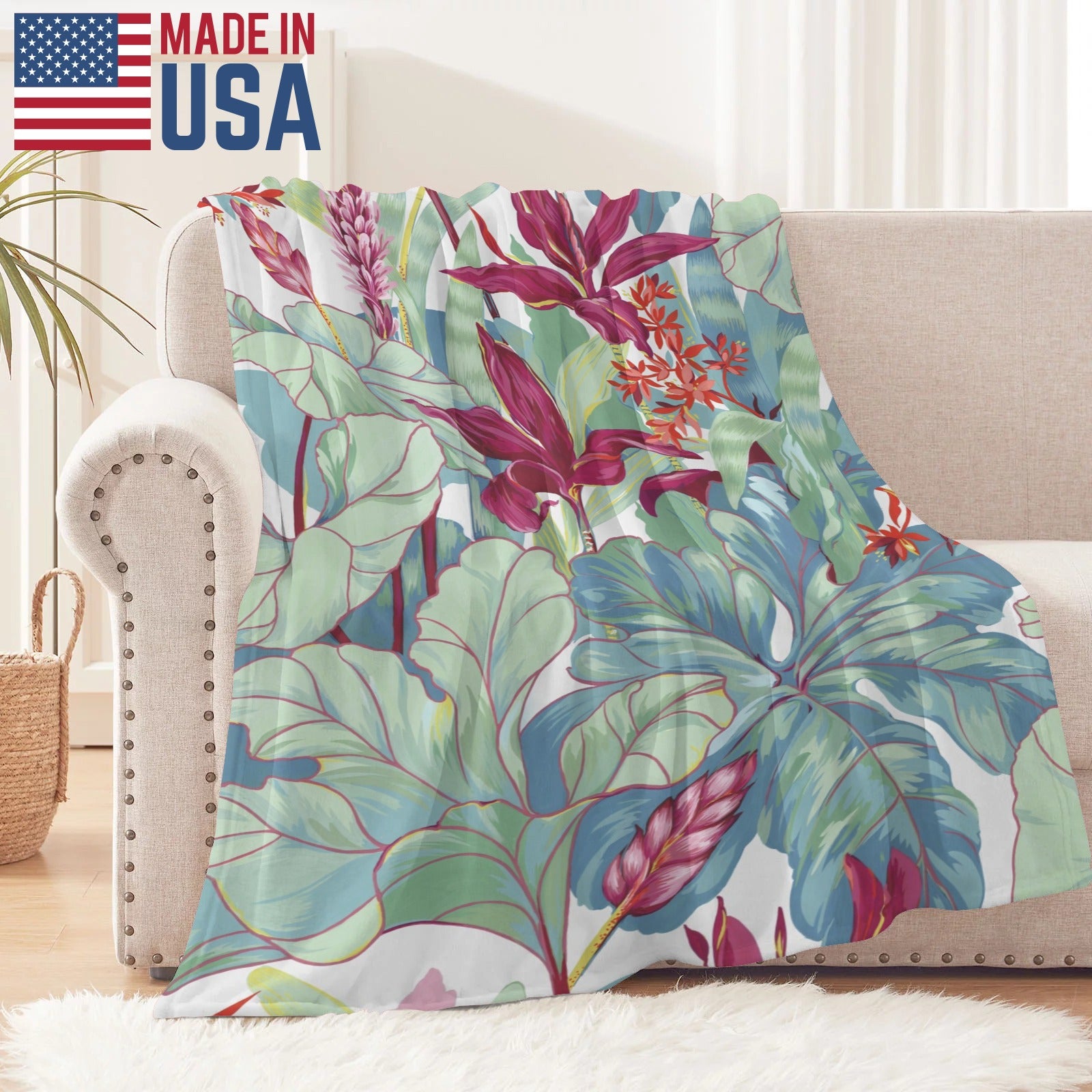 Made in USA flannel blanket with tropical plant and flower design, perfect for couch or bed