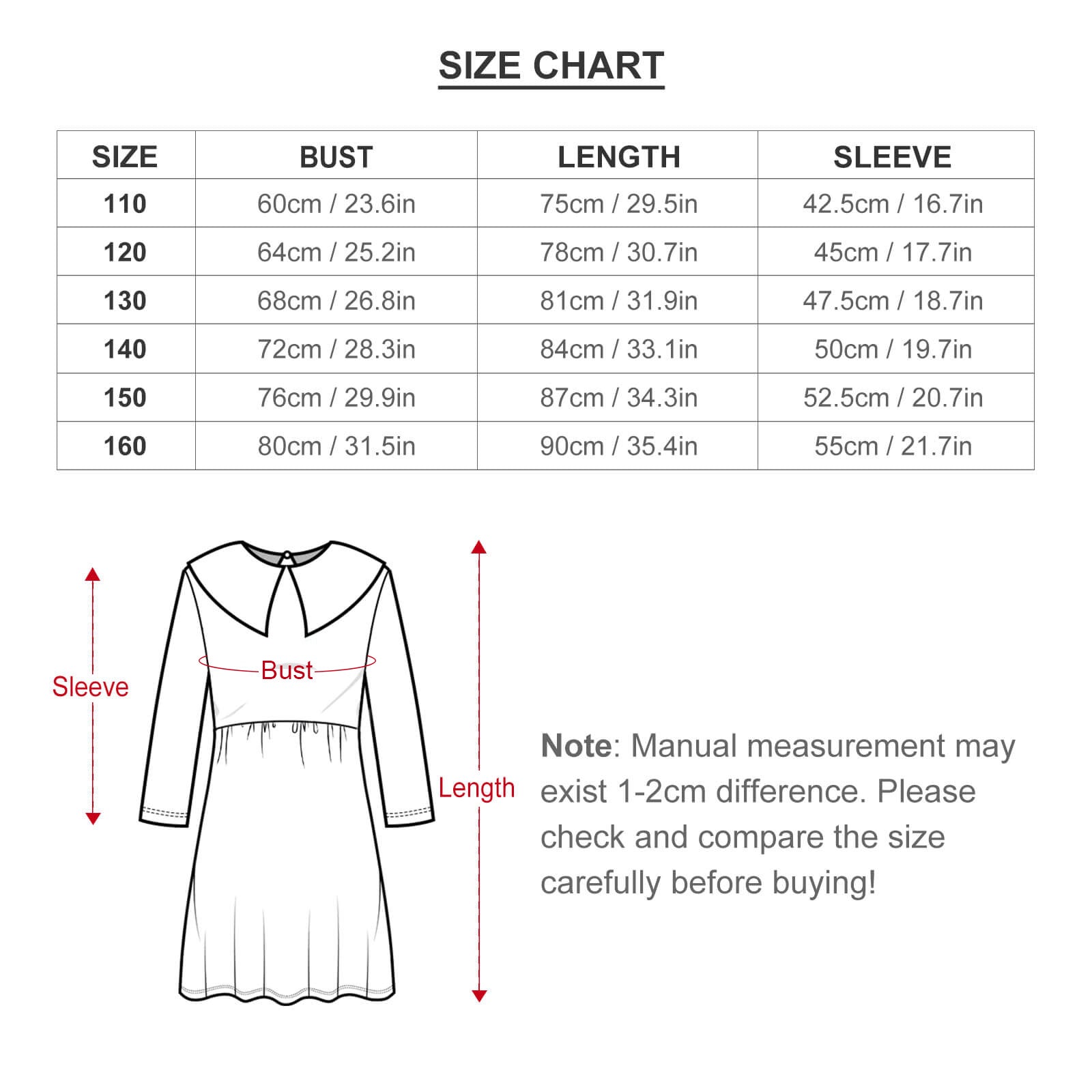 Size chart for toddler girl long sleeve dress. Bust, length, sleeve measurements. Please check the size carefully!