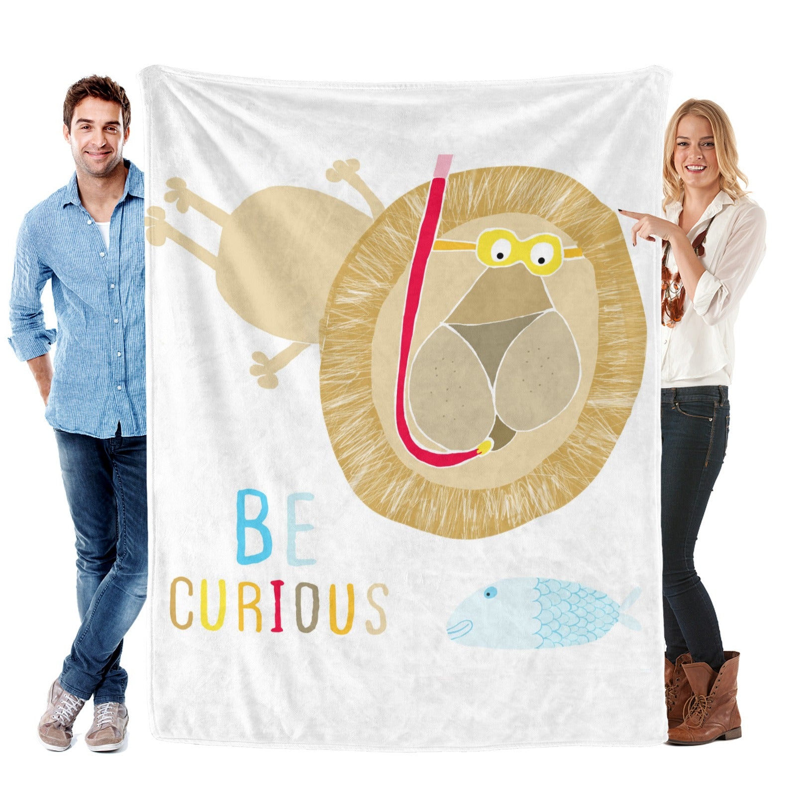 Cute lion baby flannel blanket with Be Curious text, perfect for kids and toddlers.