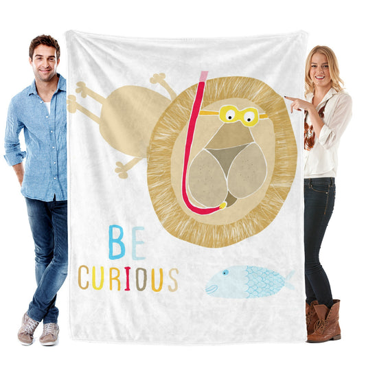 Cute lion baby flannel blanket with Be Curious text, perfect for kids and toddlers.