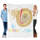 Cute lion baby flannel blanket with Be Curious text, perfect for kids and toddlers.